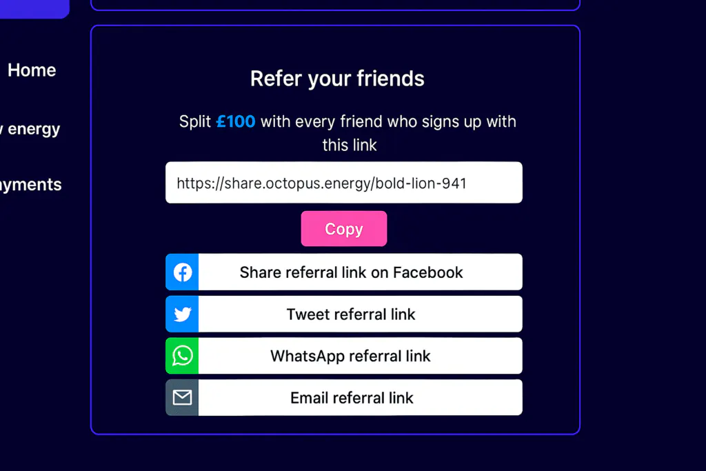 Octopus Energy account page showing a shareable referral link
