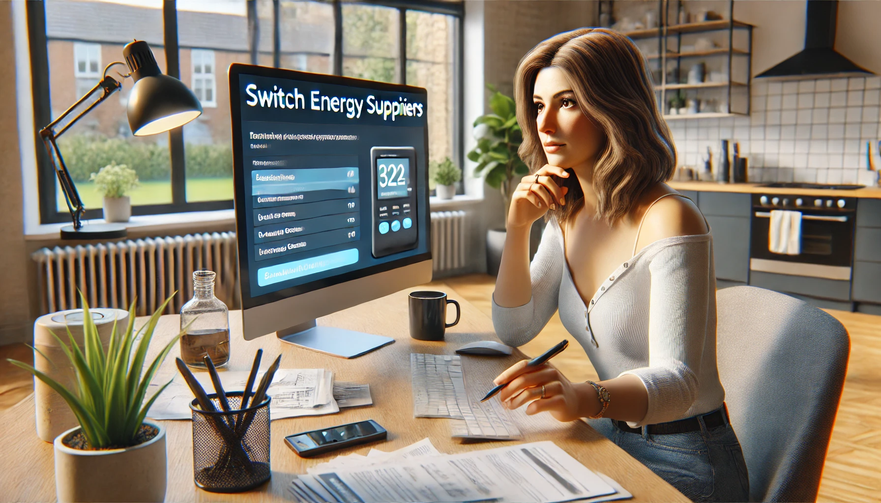 A woman looking at a computer screen, about to switch energy suppliers and planning to use an Octopus Energy Refer a friend code