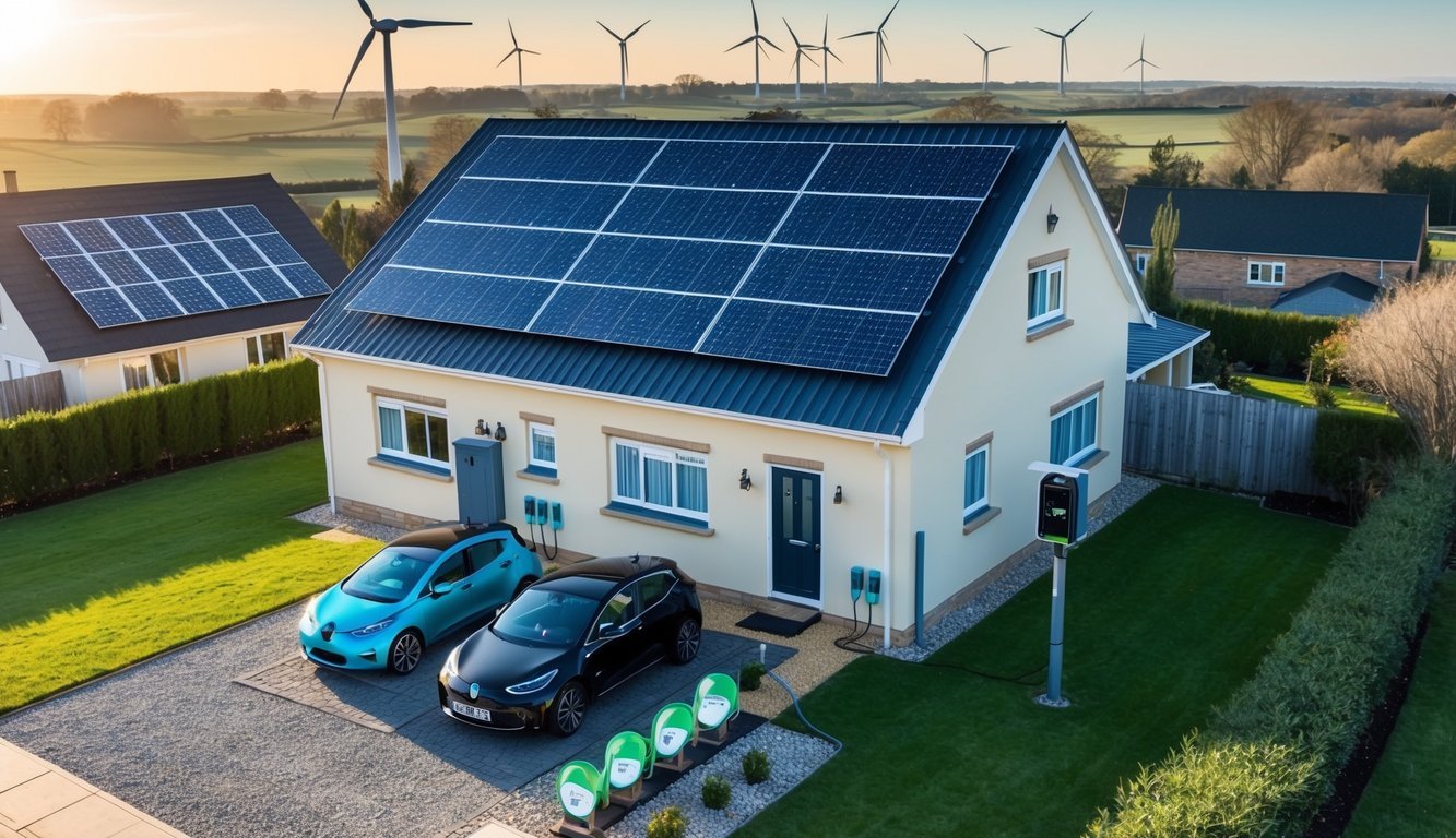 A family home with solar panels on the roof, wind turbines in the distance, and electric cars charging in the driveway